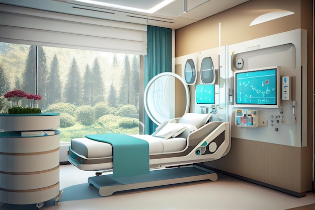 Hospital room with hightech equipment and modern design surrounded by glass walls