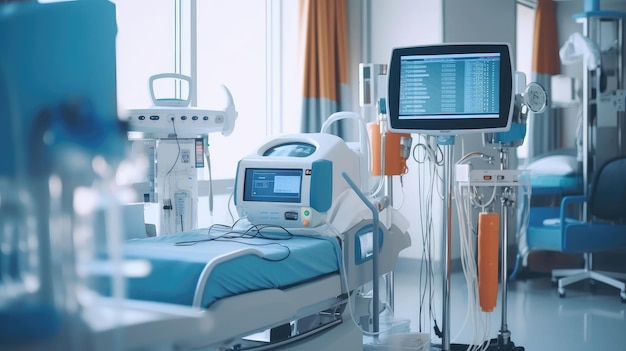 A hospital room with a hospital bed and a monitor that says'hospital '