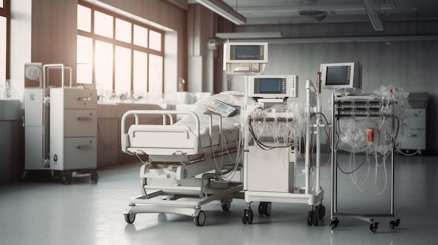 A hospital room with a hospital bed and a monitor on the wall.