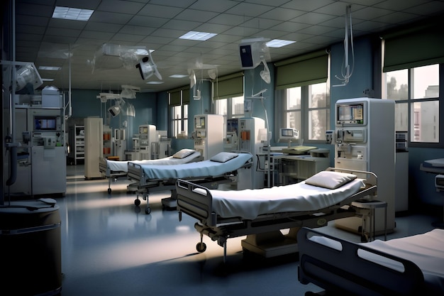 A hospital room with hospital equipment and a window