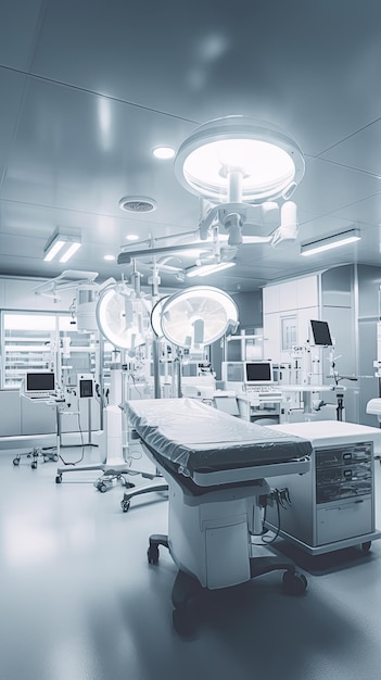 A hospital room with a lamp and a bed with a medical equipment on it.