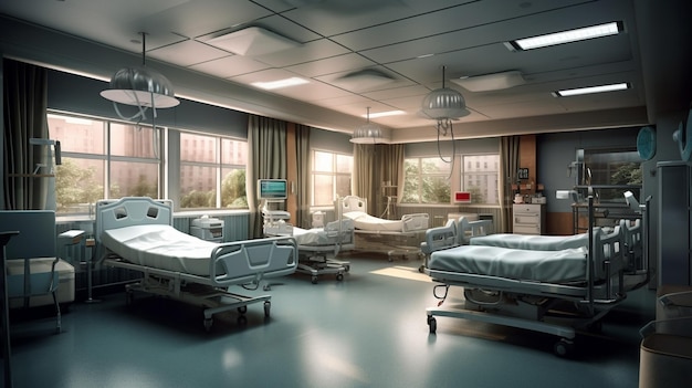 A hospital room with a large bed and a large window with a lamp hanging above it.