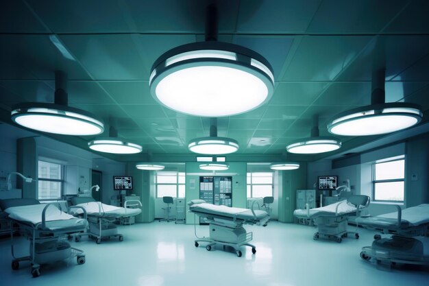 A hospital room with a large, circular light fixture that says'hospital'on it