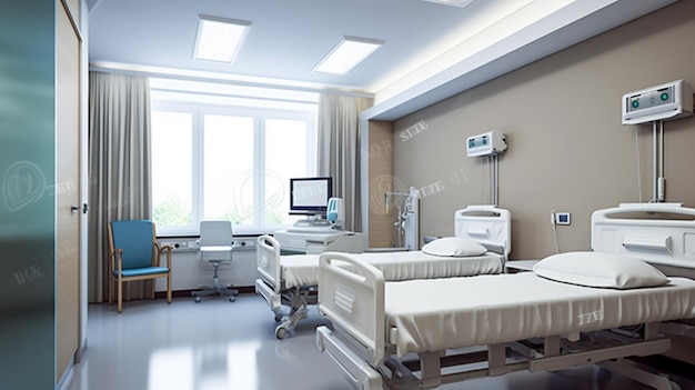 A hospital room with a large window and a bed with a monitor on it.