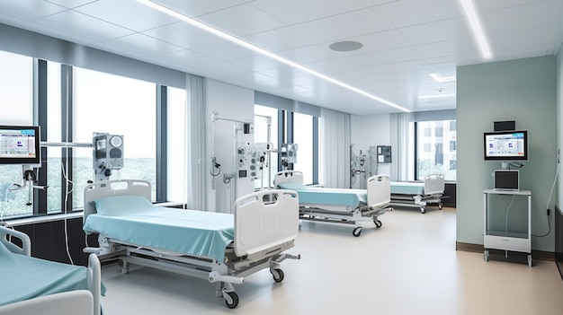 A hospital room with a large window and a bed with a white sheet that says'hospital '