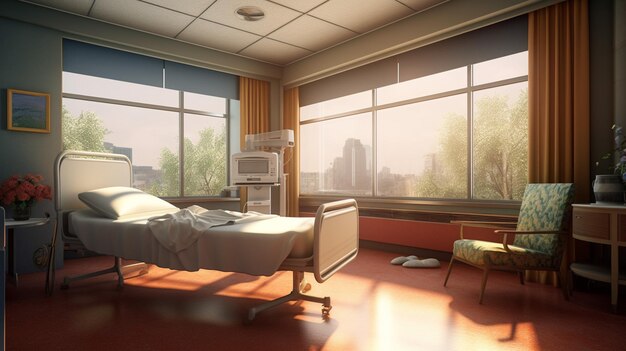 A hospital room with a large window and a bed