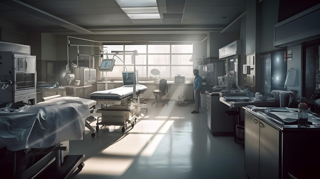 A hospital room with a person standing in the middle of it