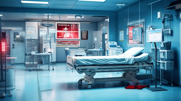 a hospital room with a red poster on the wall and a red poster on the wall