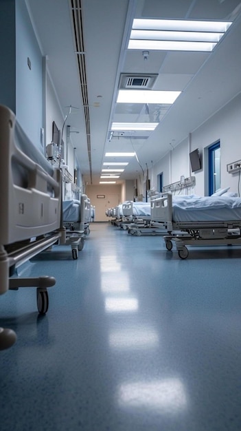 a hospital room with a row of beds