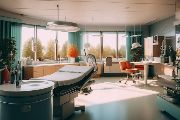 A hospital room with a table and chairs and a large window with a curtain that says'hospital '