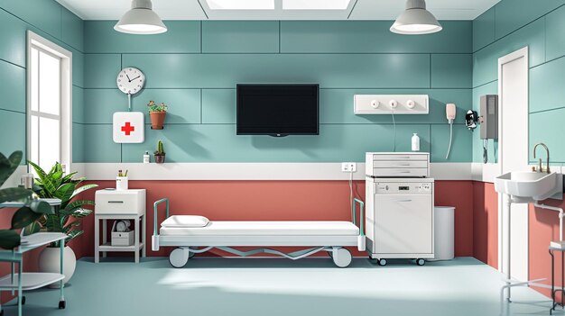 Photo a hospital room with a tv and a red cross on the wall