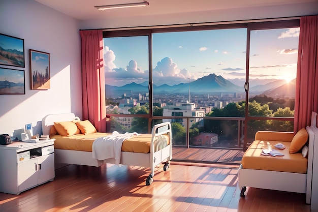 A hospital room with a view of the city and mountains