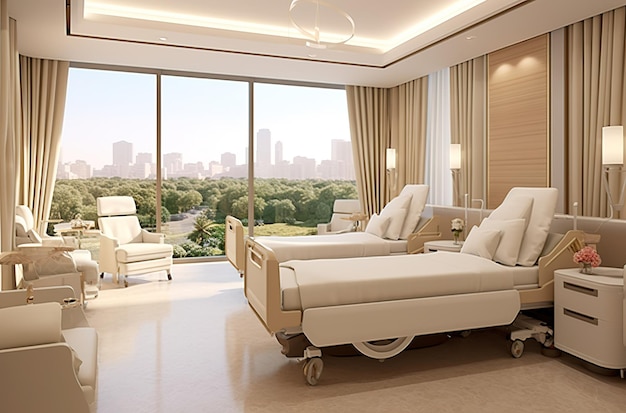 A hospital room with a view of the city skyline.