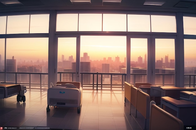 A hospital room with a view of the city.