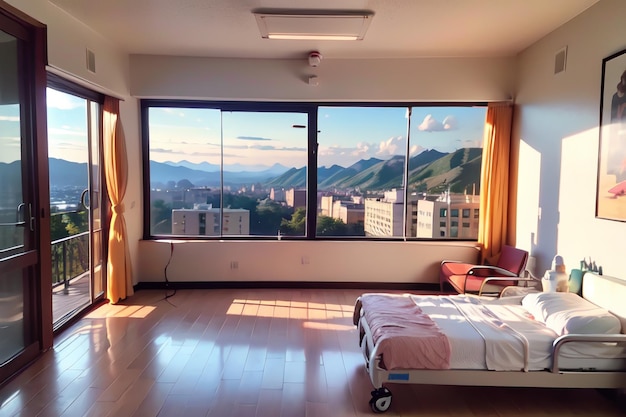 Photo a hospital room with a view of the mountains and the sky.