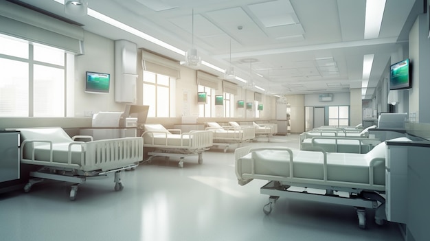 A hospital room with a wall showing the word hospital on it