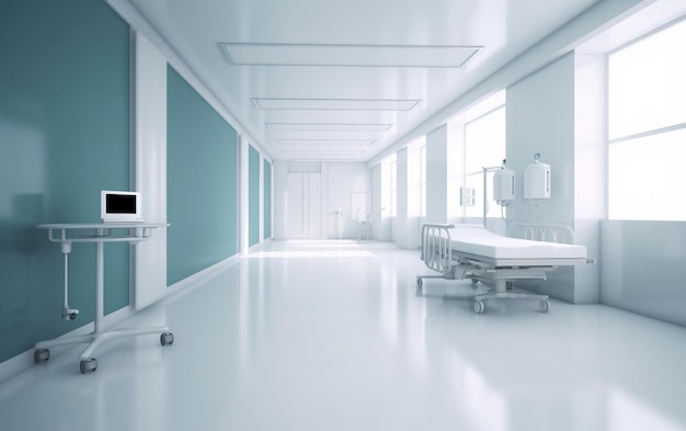 A hospital room with a white wall and a blue wall.