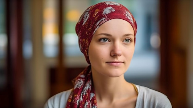 Photo a hospital scene with a cancer patient wearing a head scarf and generative ai