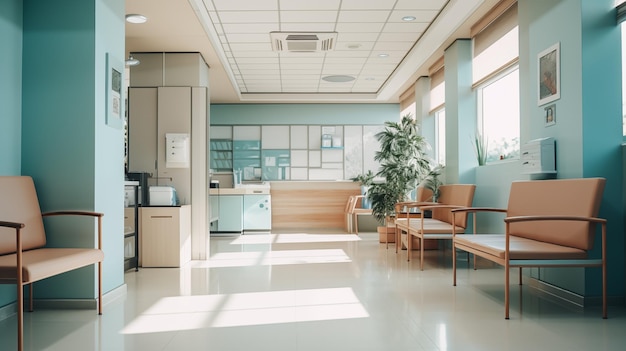 A hospital waiting room with chairs and plants