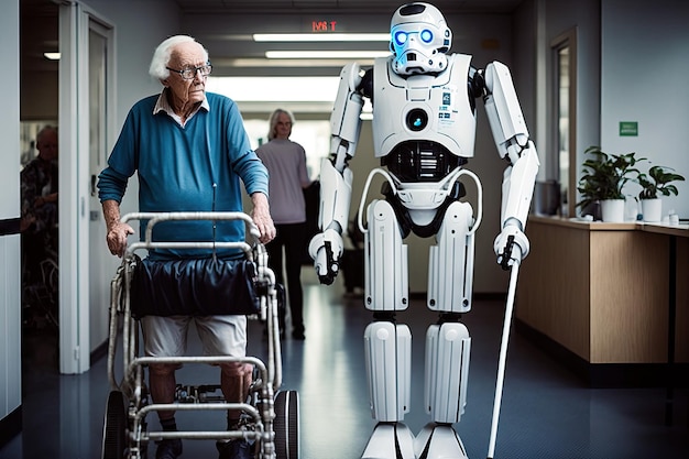 Больница с роботом-андроидом помогает пожилому пациенту с физиотерапевтическими упражнениями