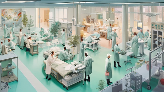 A hospital with medical professionals working