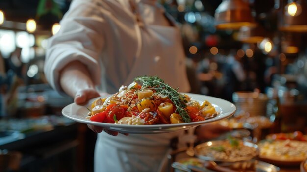 Hospitality in action with a wholesome plate handed over in a busy eatery