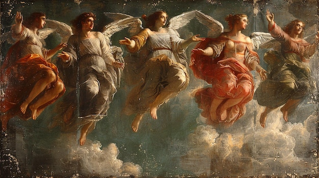 Photo a host of angels descending from heaven background