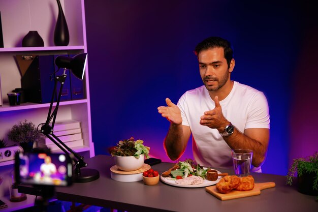 Host channel presenting fresh vegetables in special dish surmise