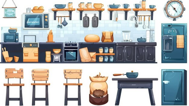 Hostel kitchen furniture illustration isolated on white background Modern illustration shows cooking surface wooden shelves with cups and bowls bag chairs microwave stove fridge clock and