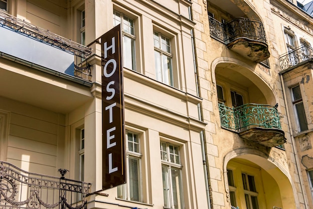 Photo hostel letters street sign