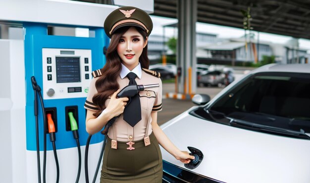 Hostess charging battery electric ev car and vehicles on a refueling station