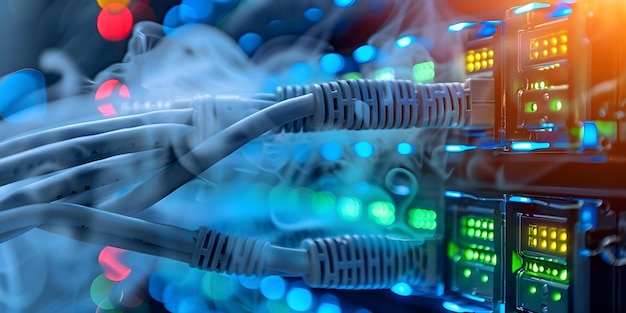 hosting internet content in a data center rack with network cables connecting server hardware concept data center hosting rack setup network cabling server hardware connections