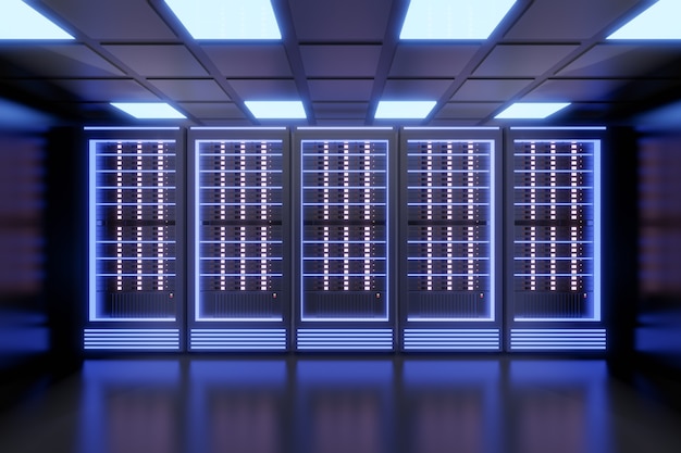 Fila di computer server di hosting con luce blu nel tema del colore nero. rendering di rappresentazioni 3d.