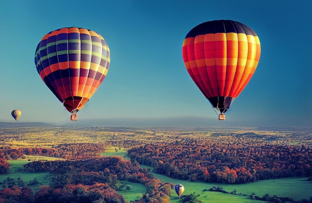 Hot air balloon, over a beautiful valley