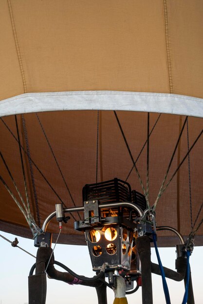 Hot air balloon burner with flame close up selective focus