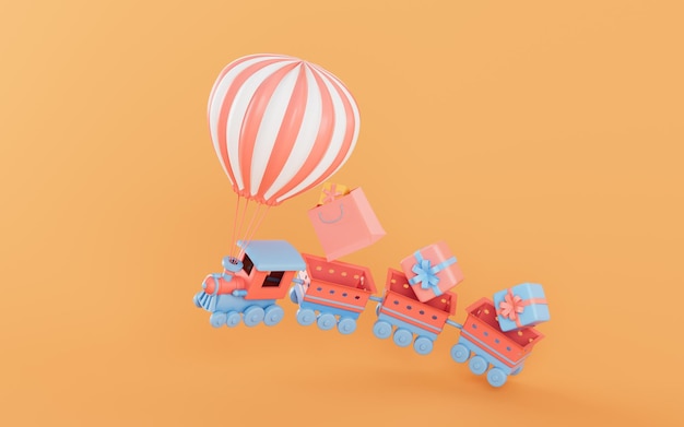 Hot air balloon and cartoon train 3d rendering