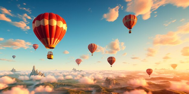 幻想的なカラフルな空の背景にある熱気球