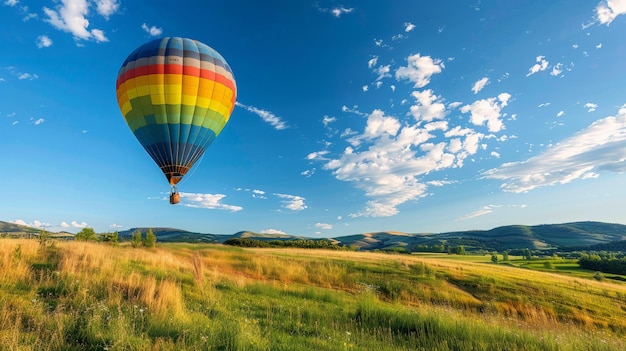 青い空のフィールドの上にホットエアバルーン