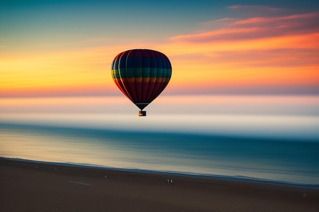 A hot air balloon flies over a beach at sunset.