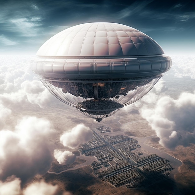 A hot air balloon flies above the clouds with a city below.