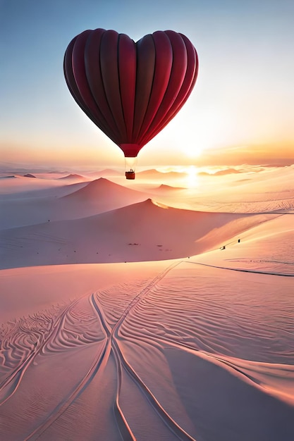 A hot air balloon flies over the desert at sunset