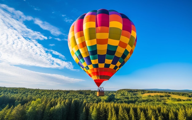 A hot air balloon flies over a forest