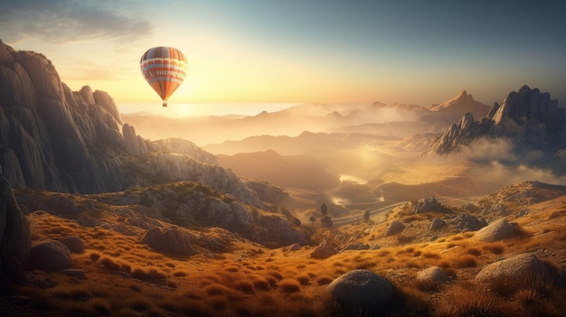 A hot air balloon flies over a mountain at sunset.