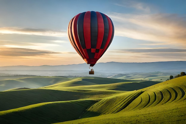 A hot air balloon flies over rolling hills in the spring.