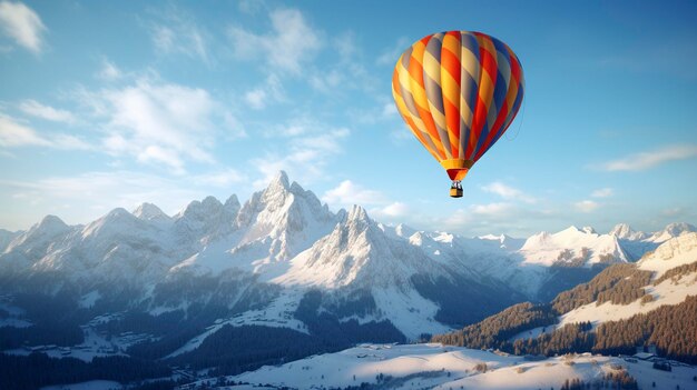 a hot air balloon flies over a snowy mountain range