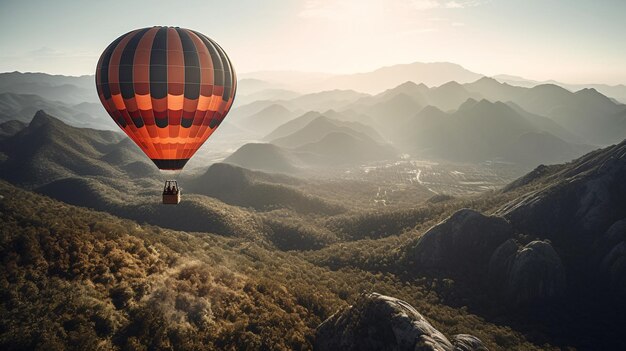 A hot air balloon flies over a valley with mountains in the background.