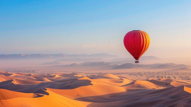 Hot air balloon floating over desert in sahara with copy space area