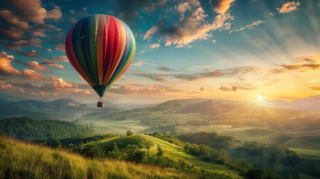 美しい風景の上を平和に浮かぶ熱気球
