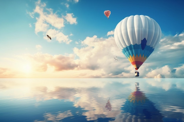 A hot air balloon floating on the water with a blue sky and clouds in the background.