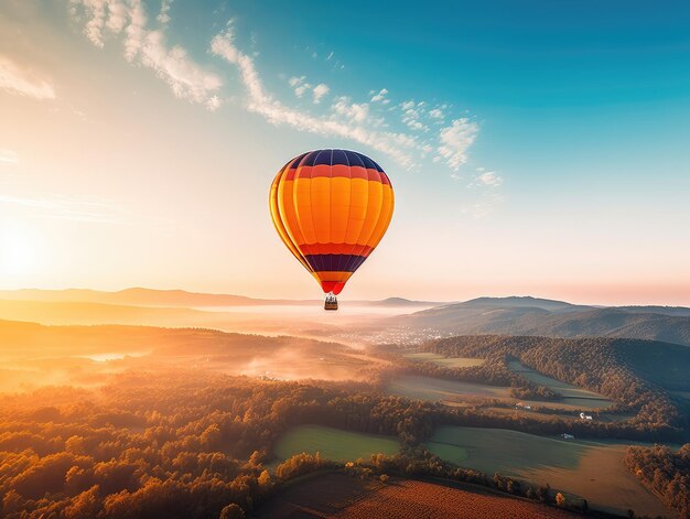 A hot air balloon floats above the ground in front of a blue sky background